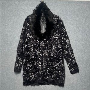 Black Rivet Black Rose Exxagerated Furry Faux Fur Cardigan NWT SZ M